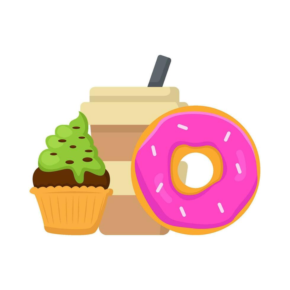 donut, cup drink with cupcake illustration vector