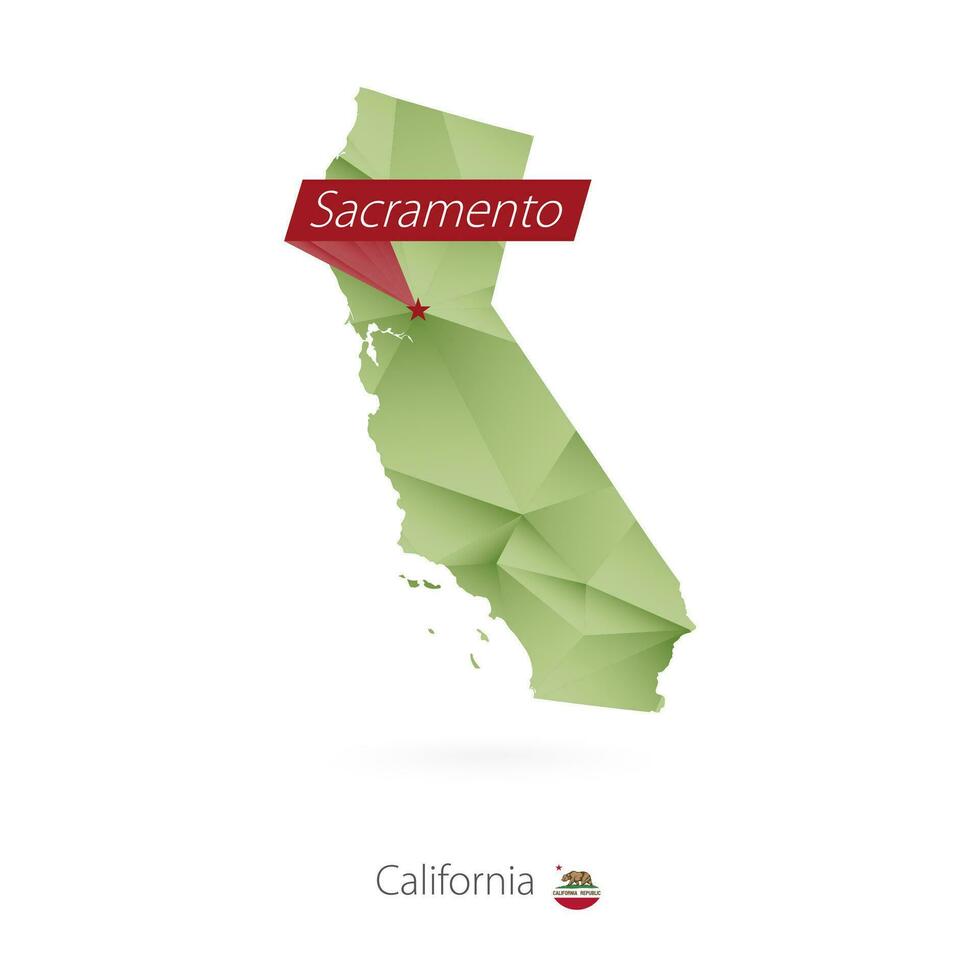 Green gradient low poly map of California with capital Sacramento vector