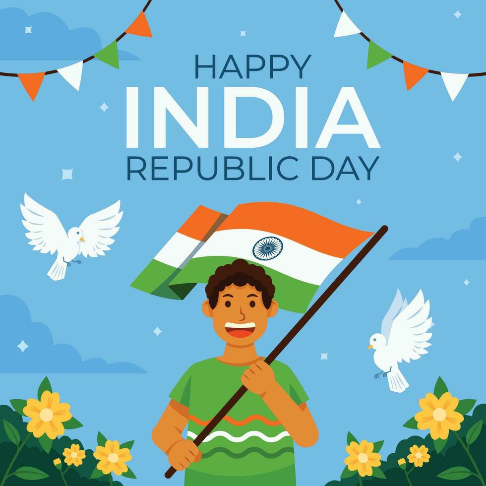 India Boy Waving Republic Flag vector