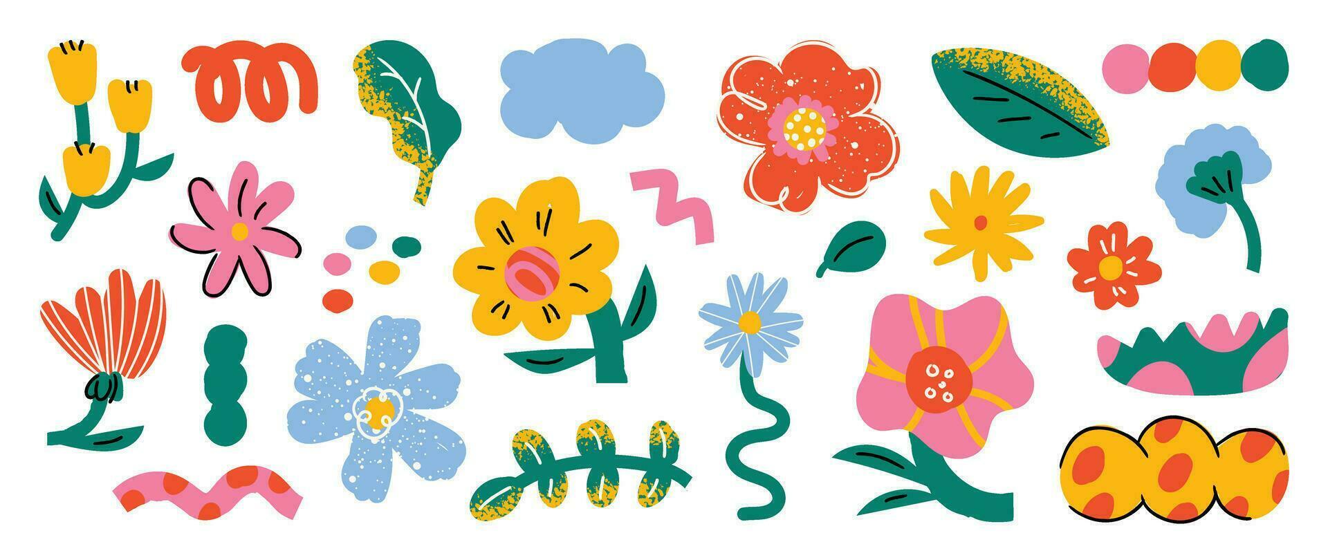 Set of abstract retro organic shapes vector. Collection of contemporary figure, flower, cloud, foliage in funky groovy style. Cute hippie design element perfect for banner, print, stickers. vector