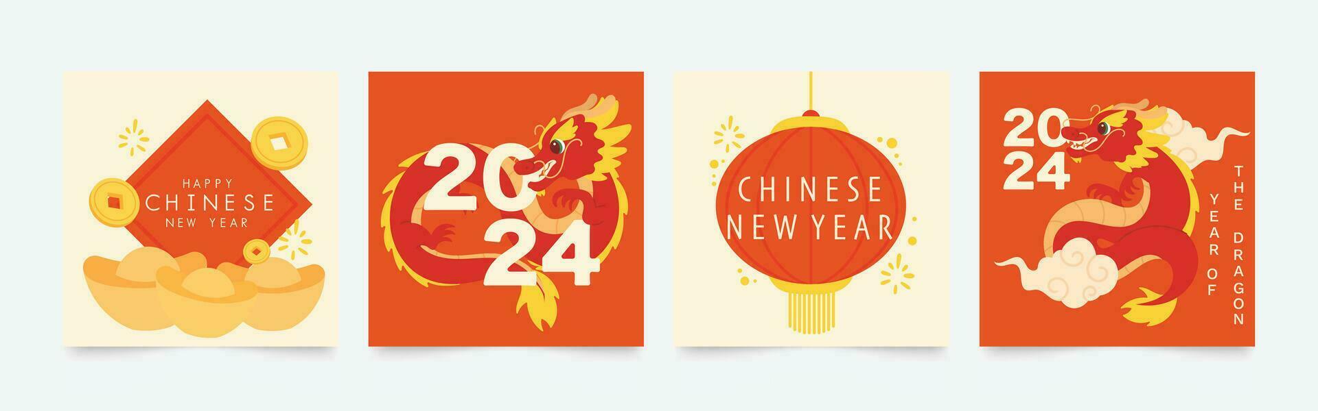 Chinese New Year square cover background vector. Year of the dragon design with dragon, lantern, cloud, coin, ingots gold. Modern oriental illustration for cover, banner, website, social media. vector