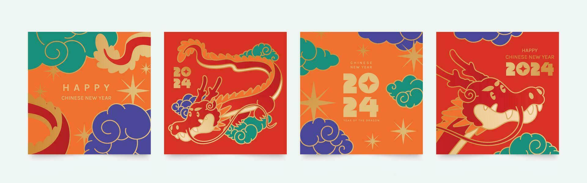 Chinese New Year square cover background vector. Year of the dragon design with dragon, cloud, sparkle. Modern colorful oriental illustration for cover, banner, website, social media, card, poster. vector
