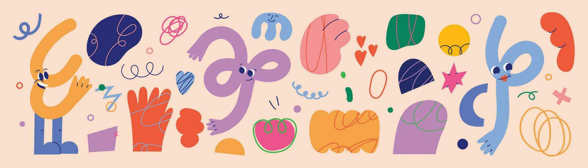 Set of abstract retro organic shapes vector. Collection of contemporary figure, speech bubble, heart, hand in funky groovy style. Cute hippie design element perfect for banner, print, stickers. vector