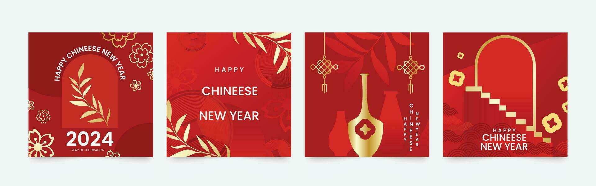 Chinese New Year square cover background vector. Year of the dragon design with bamboo, cherry blossom, vase, pattern, coin. Modern oriental illustration for cover, banner, website, social media. vector