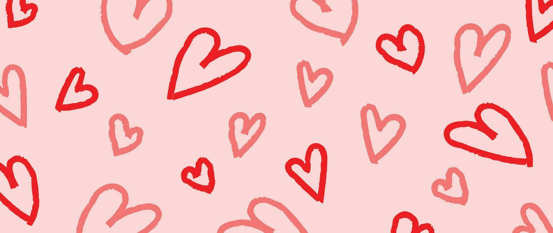 Happy Valentine's day pink background vector. Romantic symbol drawing of pink and red doodle hearts pattern. Love illustration for greeting card, web banner, fabric, package, cover. vector