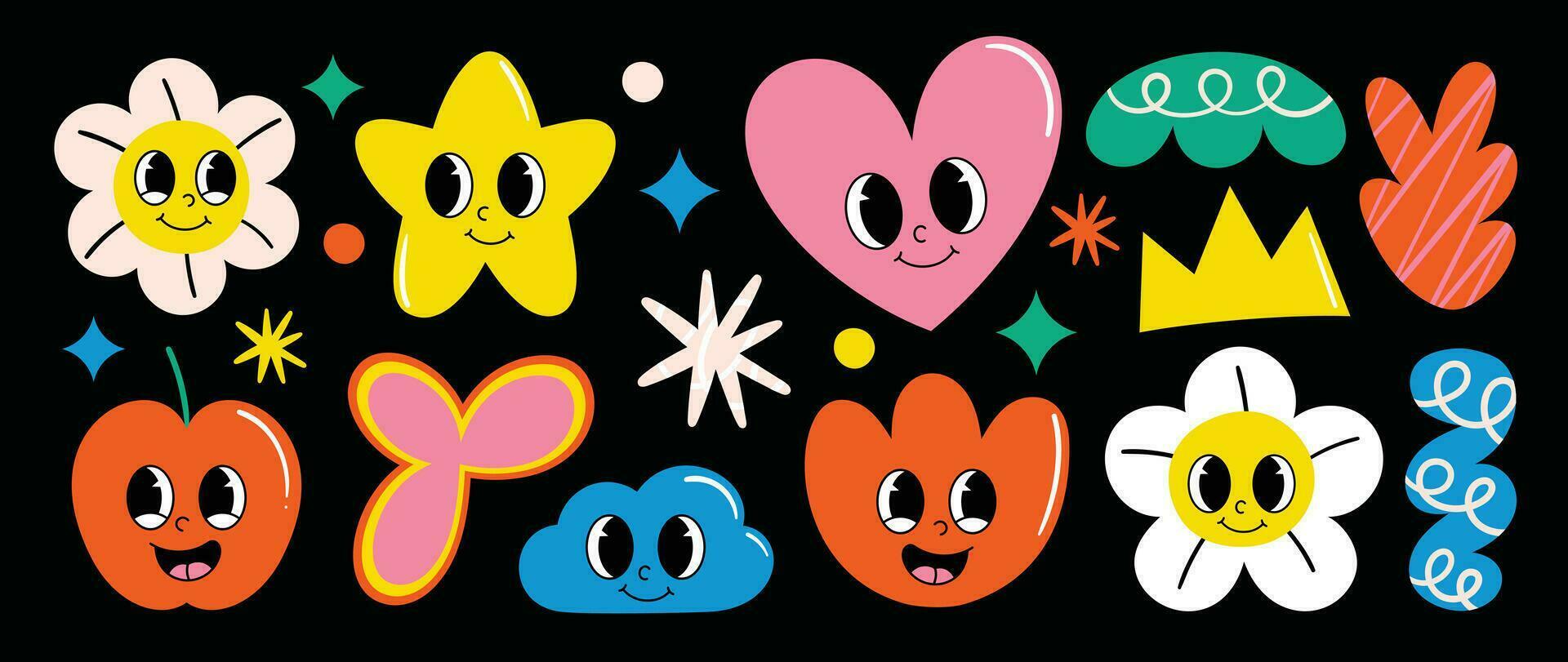 Set of funky groovy element vector. Collection of cartoon characters, doodle smile face, flower, star, apple, heart, cloud, crown. Cute retro groovy hippie design for decorative, sticker, kids. vector