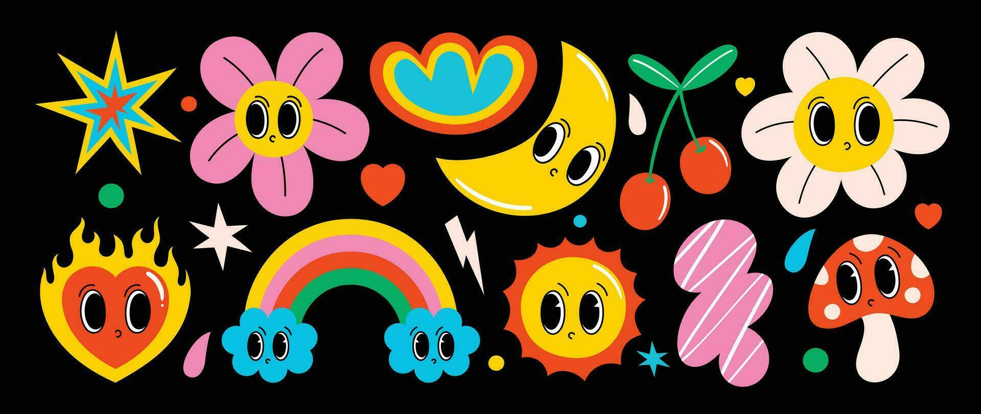 conjunto de miedoso maravilloso elemento vector. colección de dibujos animados caracteres, garabatear sonrisa rostro, flor, corazón, sol, arcoíris, luna, seta. linda retro maravilloso hippie diseño para decorativo, pegatina, niños. vector