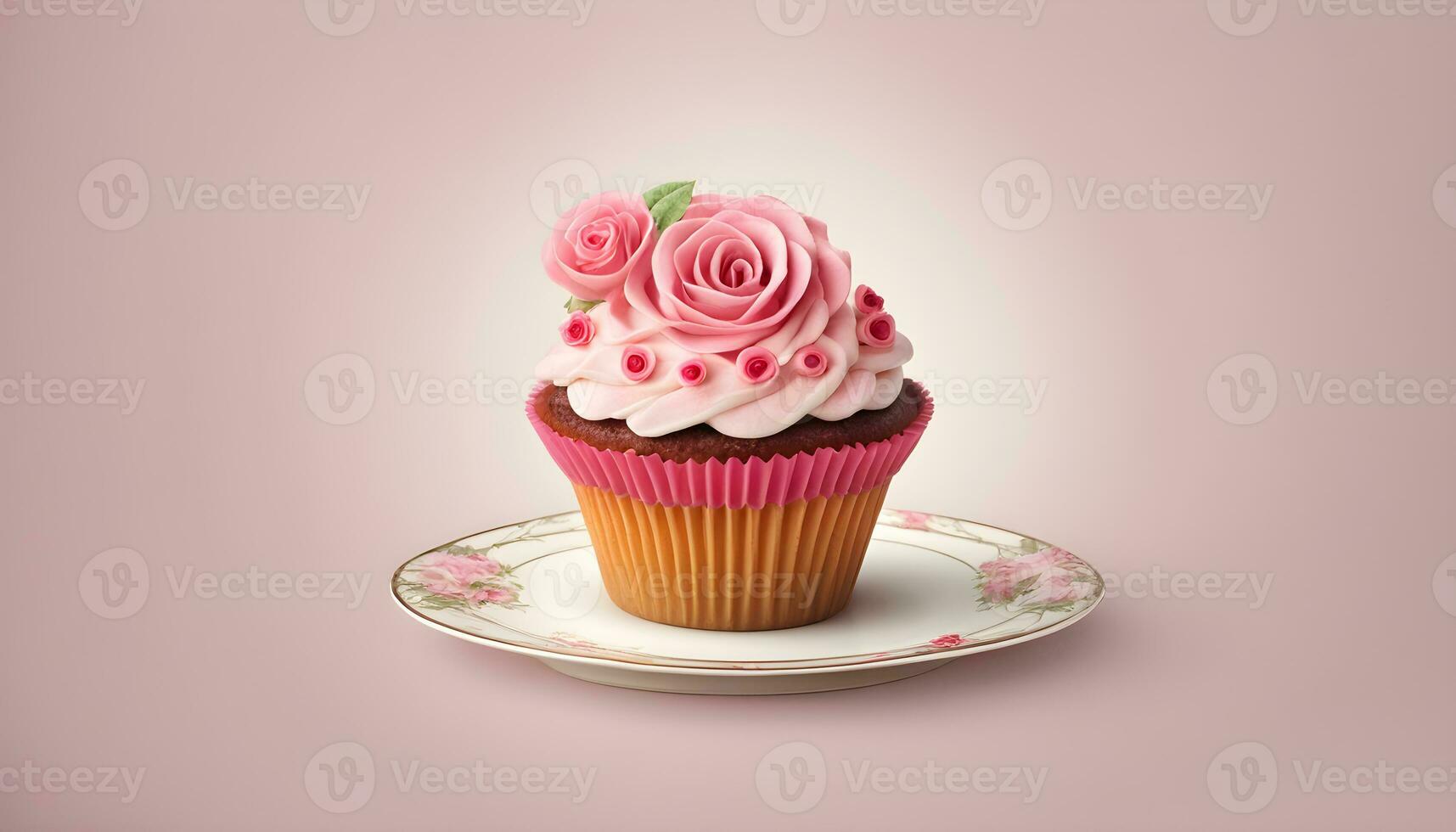 AI generated cupcake with pink frosting on a saucer photo