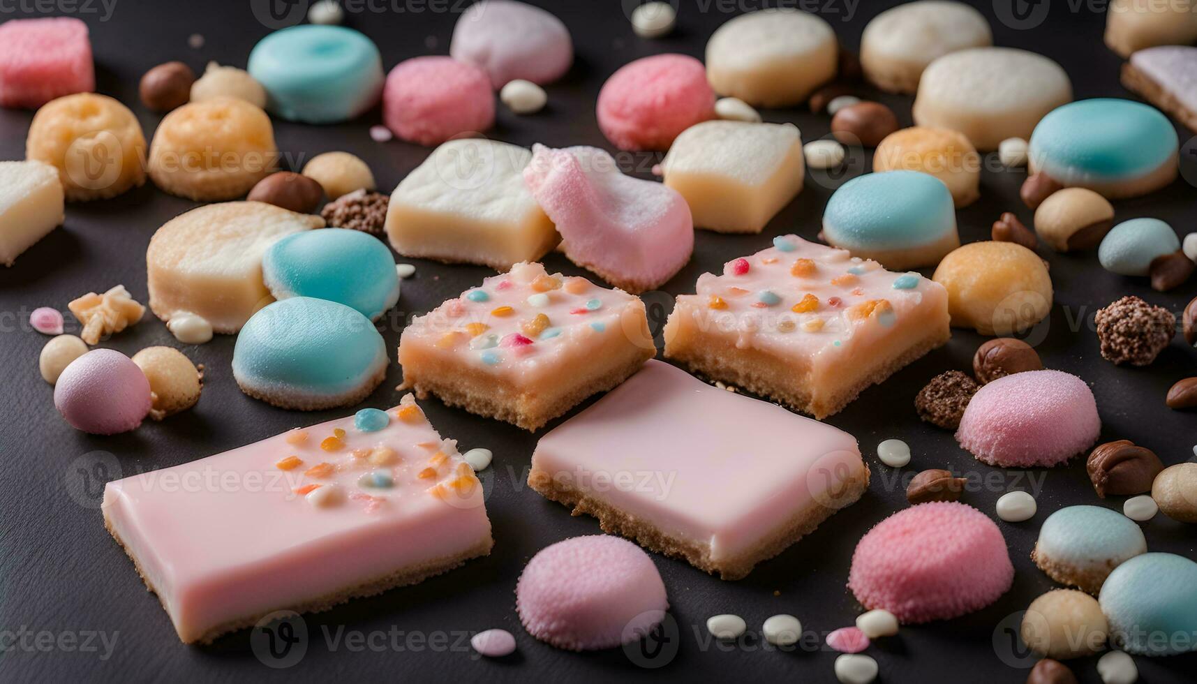 AI generated assorted sweets on a black background photo