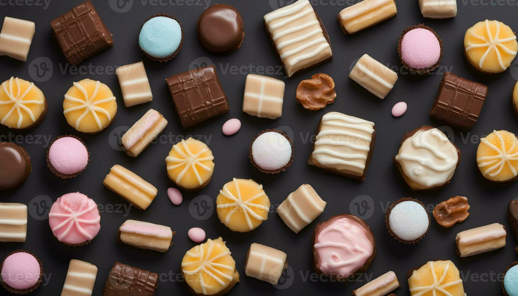 AI generated various types of chocolate and candy on a black background photo