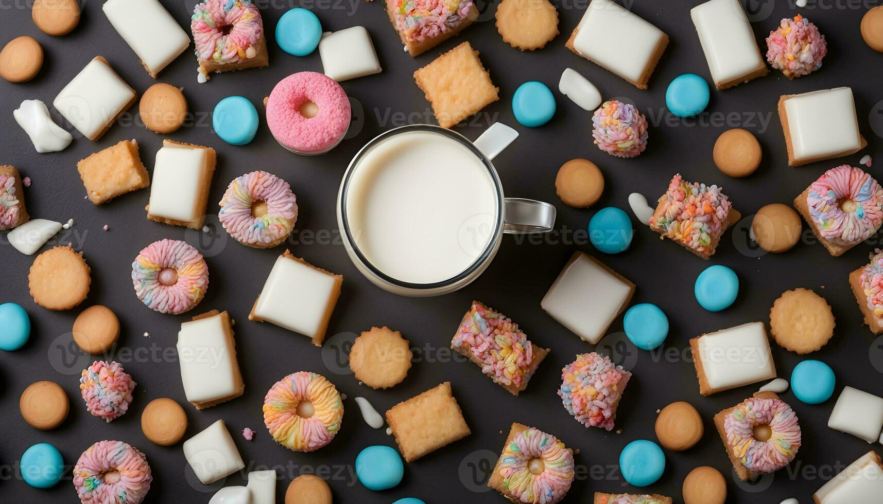 AI generated a cup of milk and cookies surrounded by cookies photo