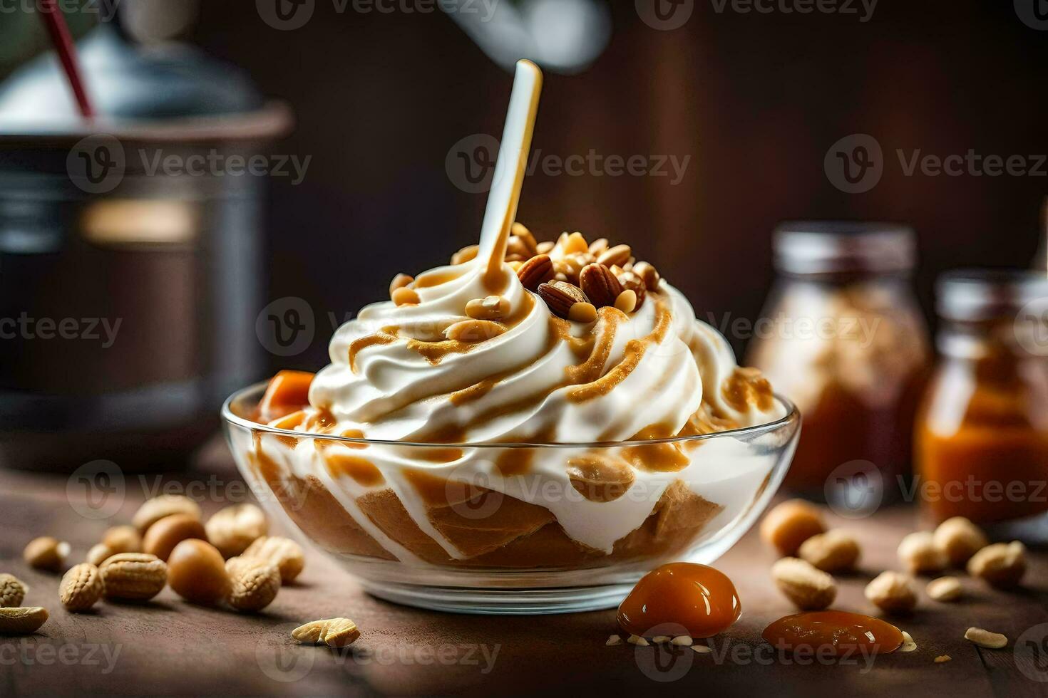 AI generated caramel ice cream with nuts and whipped cream in a glass bowl photo