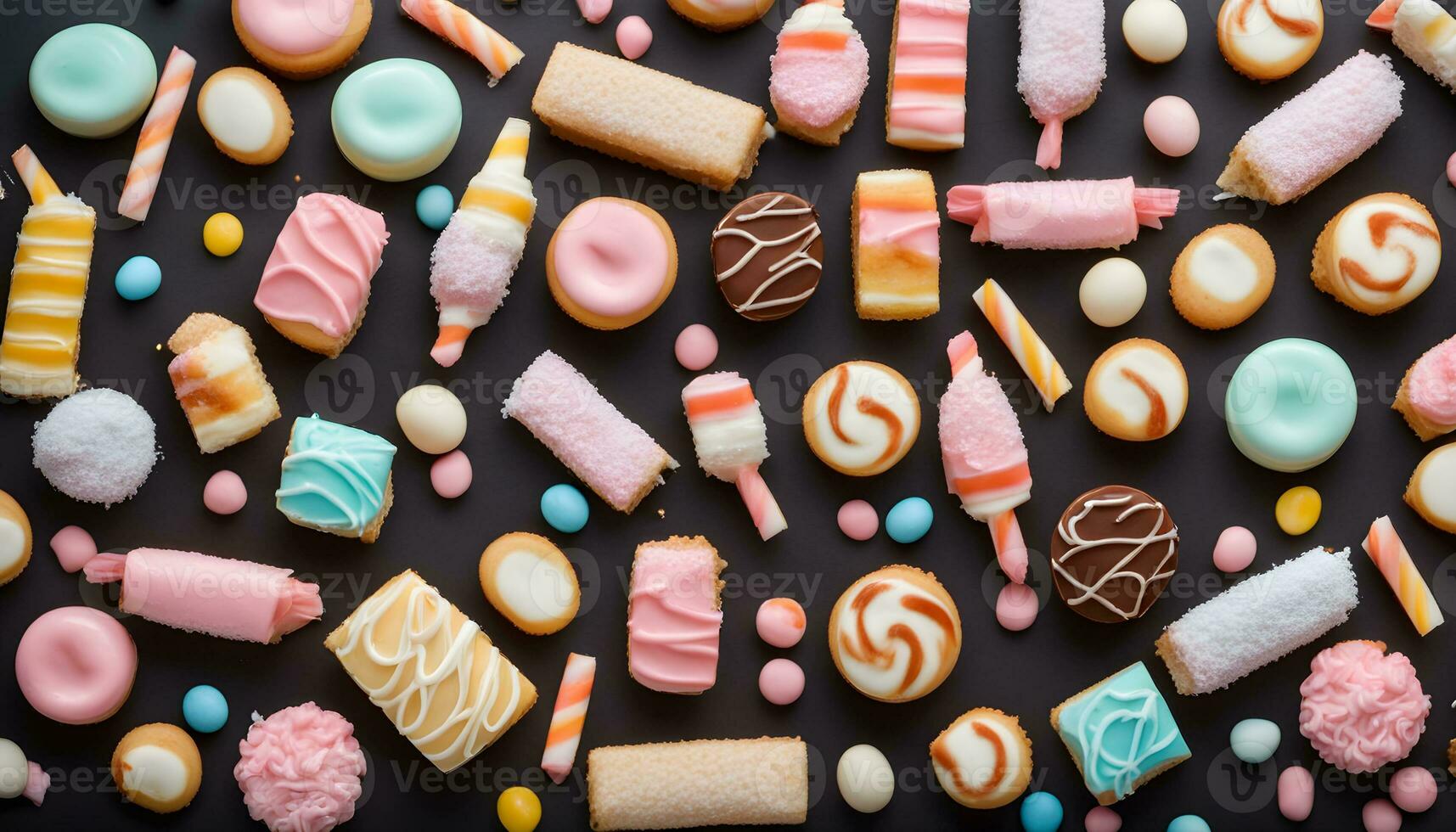 AI generated many different kinds of cookies and sweets on a black background photo