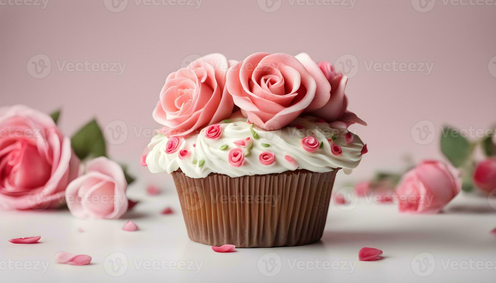 AI generated a cupcake with pink roses on a pink background photo