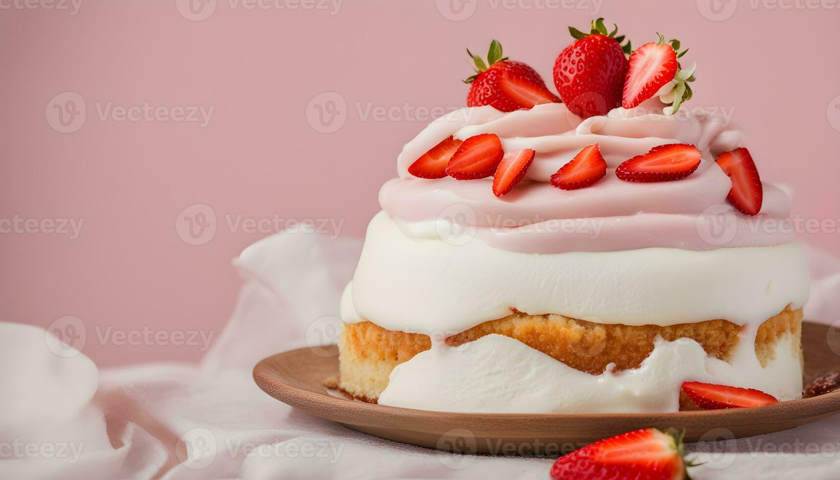 ai generado un pastel con crema y fresas en parte superior foto