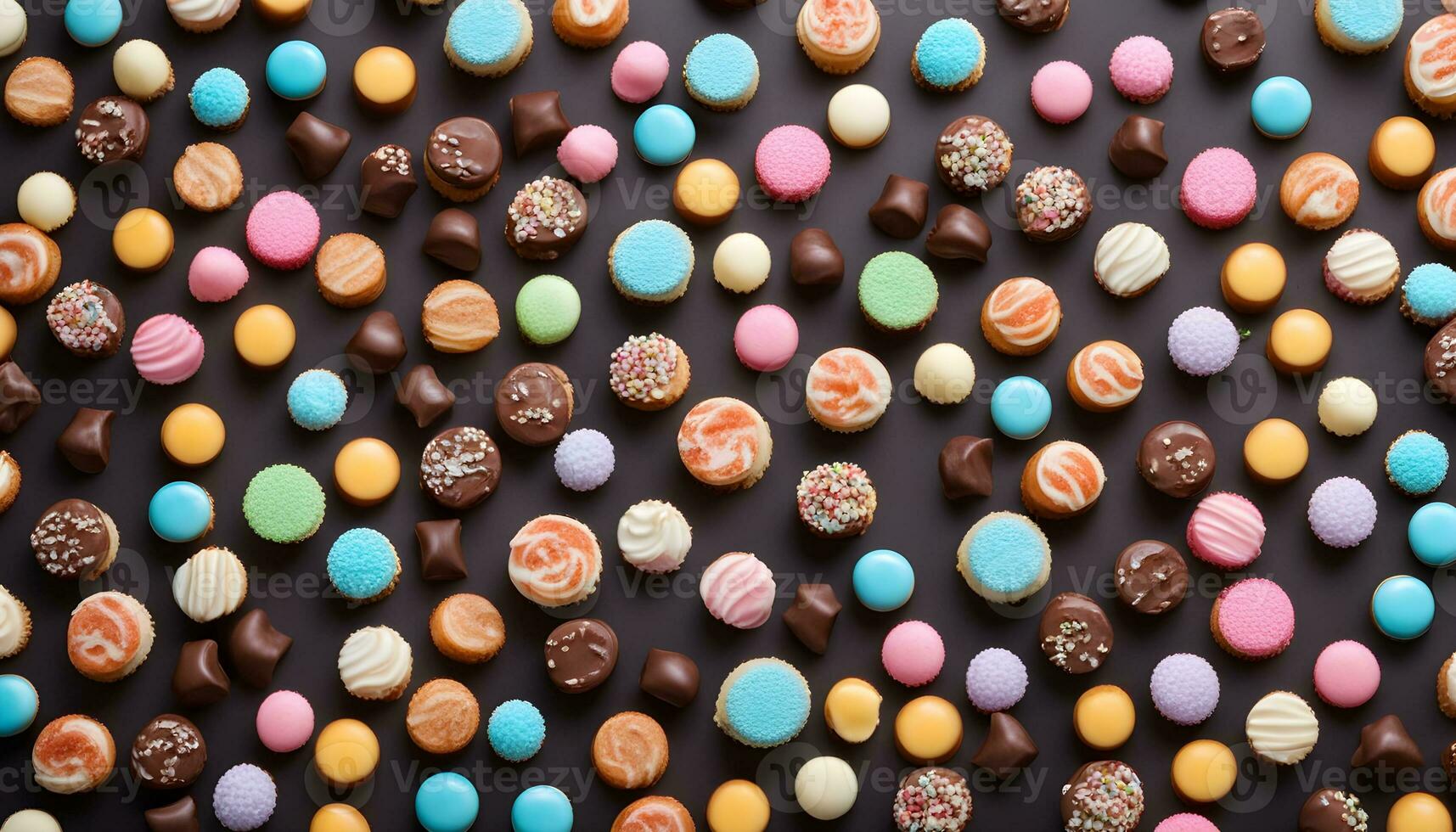 AI generated colorful chocolate and candy candies on a black background photo
