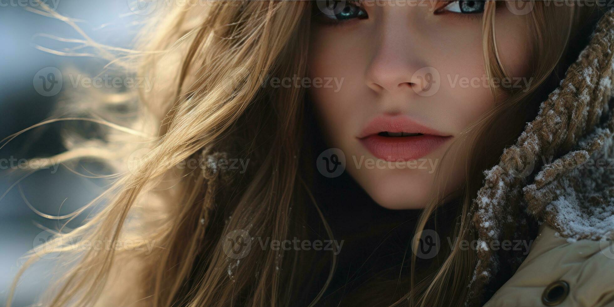 AI generated Close-up of woman in hooded coat, intense gaze, and detailed facial features. AI generative. photo