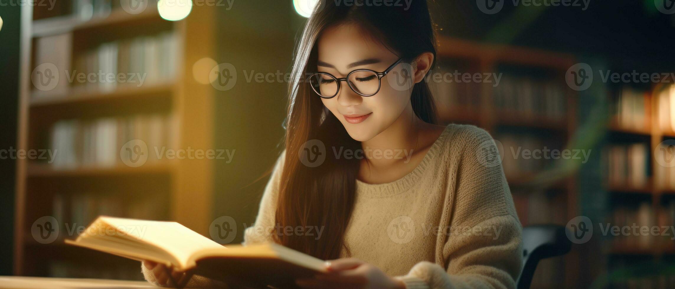 AI generated Young Asian woman engrossed in a book in a library. AI generative. photo