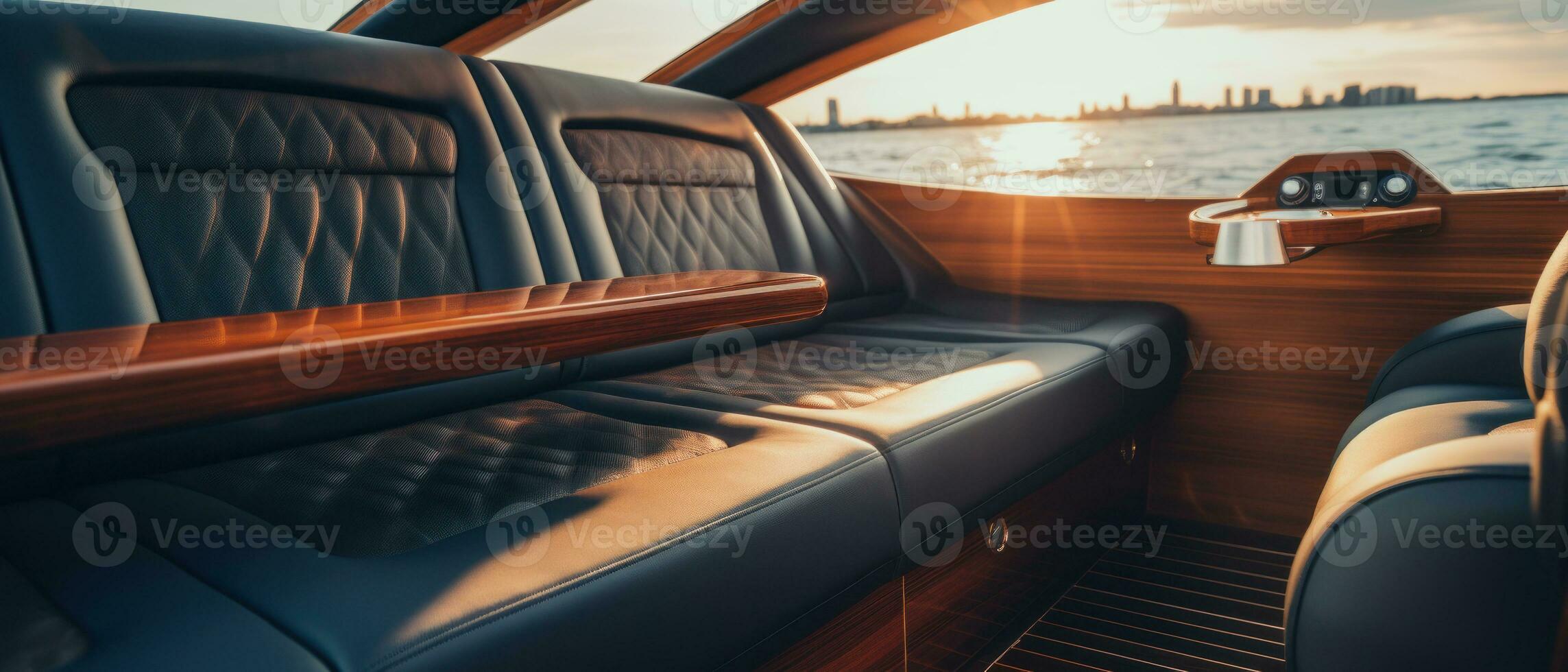 AI generated Luxury boat interior at sunset, ambient lighting. AI generative. photo