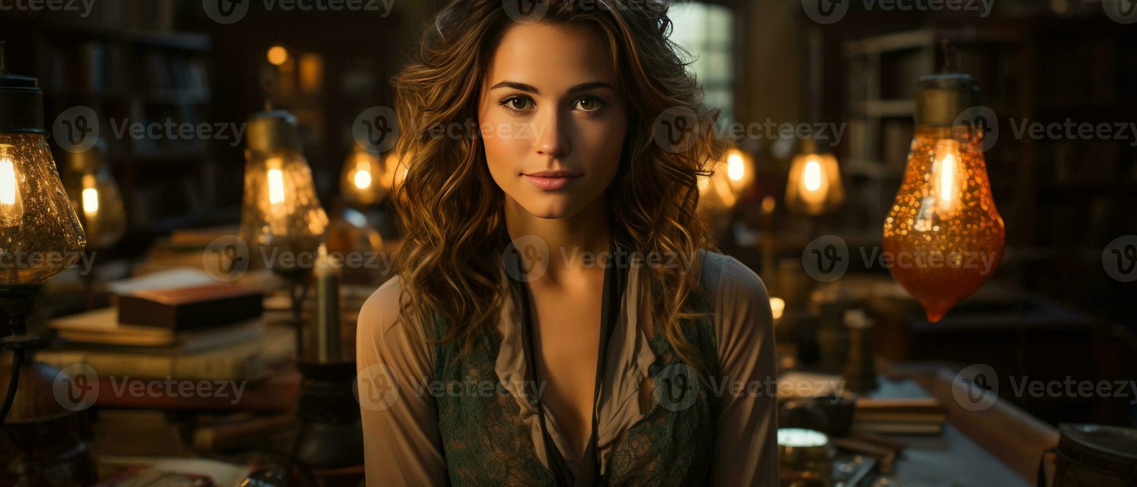 AI generated Trendy female student sitting among bookshelves in an old university library, deeply engrossed in studying. photo