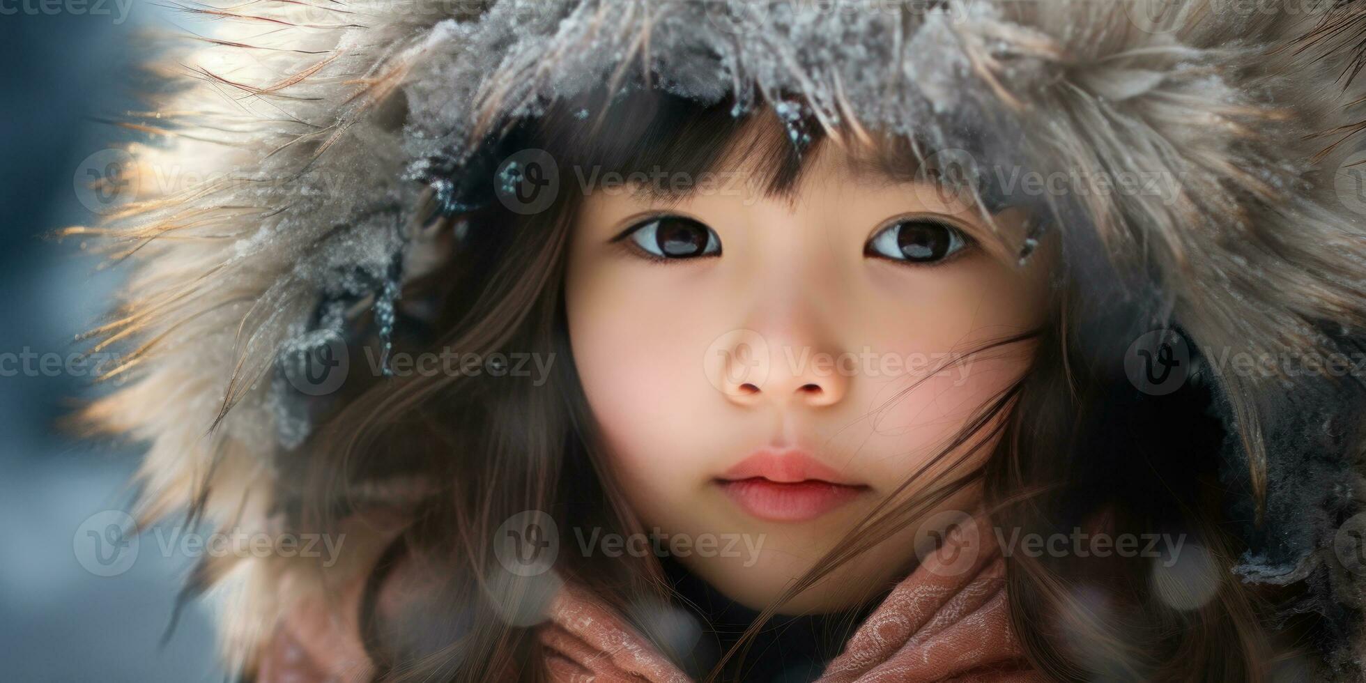 AI generated Young girl in fur coat with intense gaze. AI generative. photo