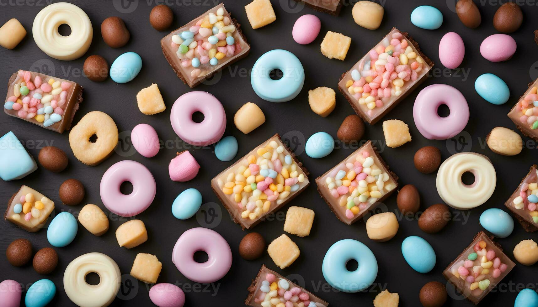 AI generated colorful candy and donuts on a black background photo