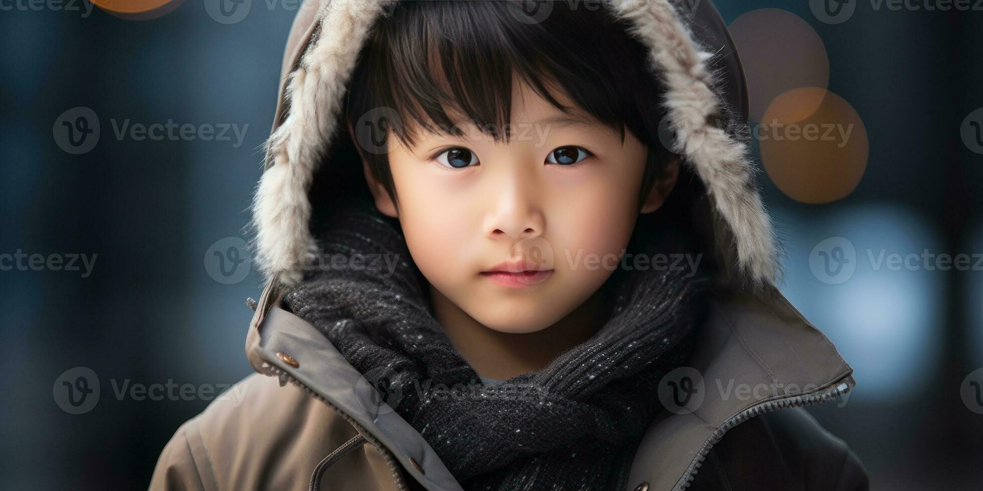 AI generated Close-up of a young Asian boy in winter attire. AI generative. photo