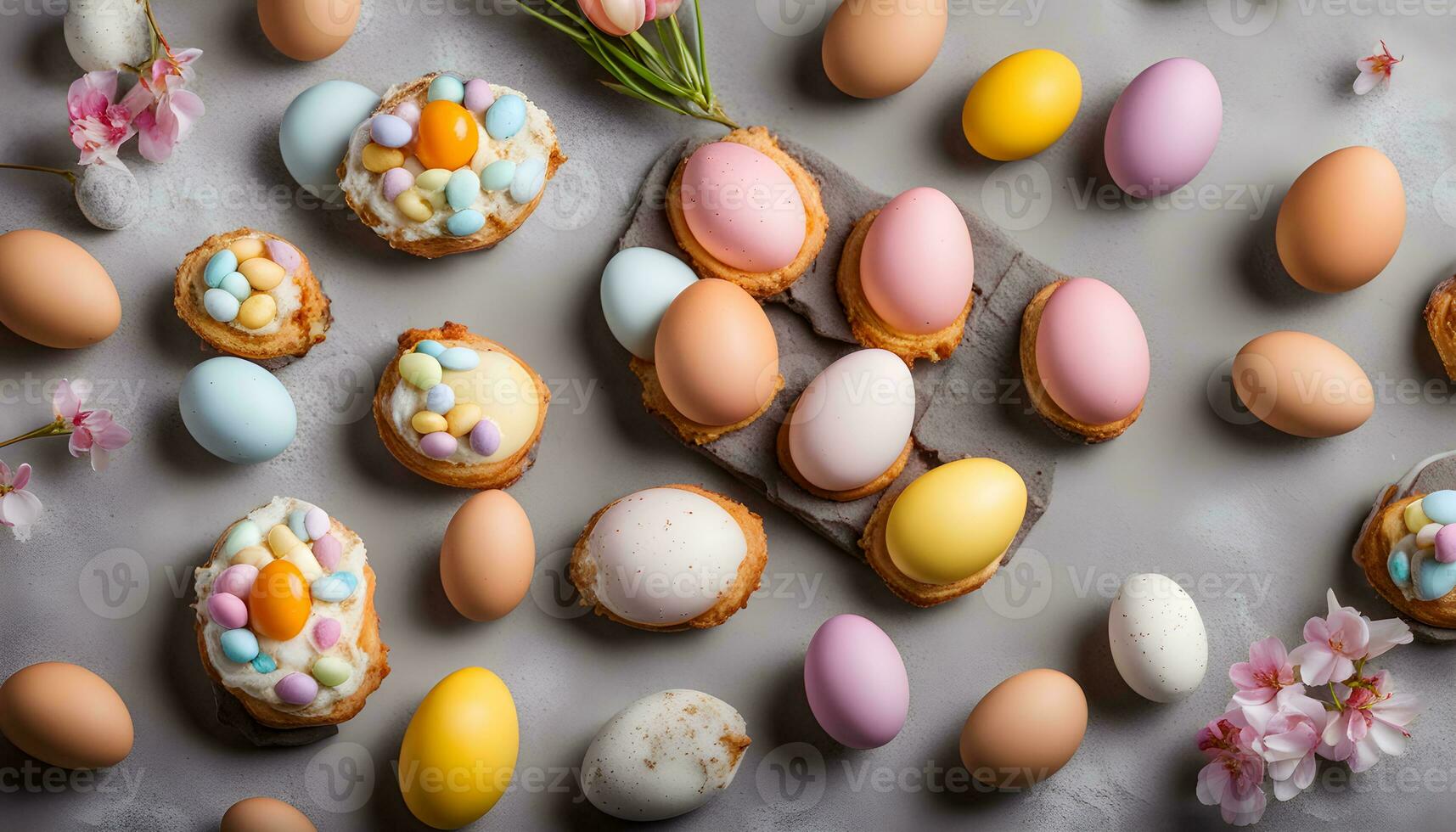 ai generado Pascua de Resurrección huevos y pasteles en un gris antecedentes foto