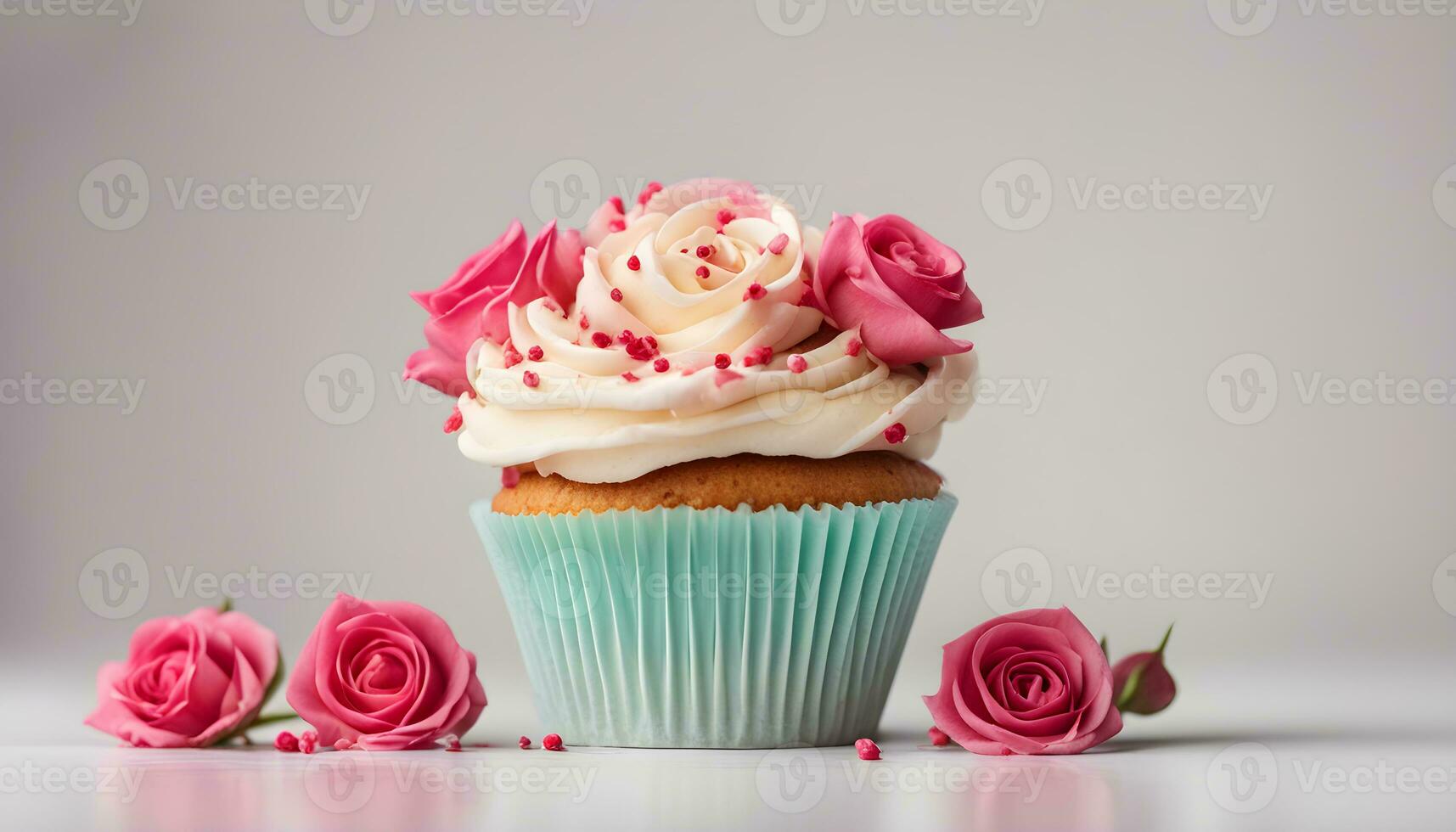 AI generated cupcake with pink roses on a white background photo