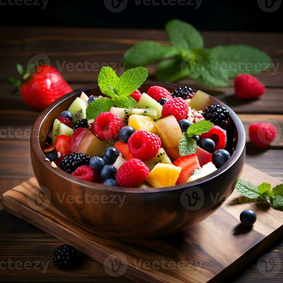 ai generado Fruta ensalada con bayas en un de madera plato en un de madera mesa foto