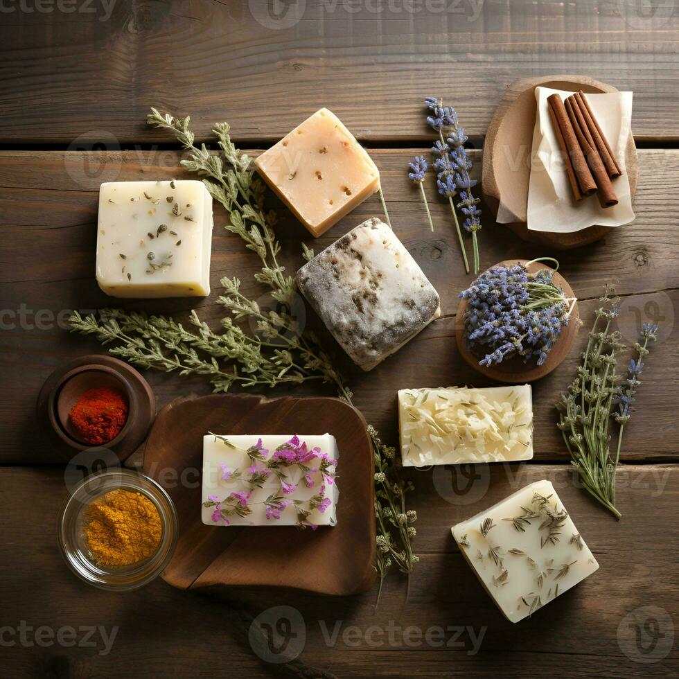 AI generated Homemade soap with lavender herbal ingredient. photo