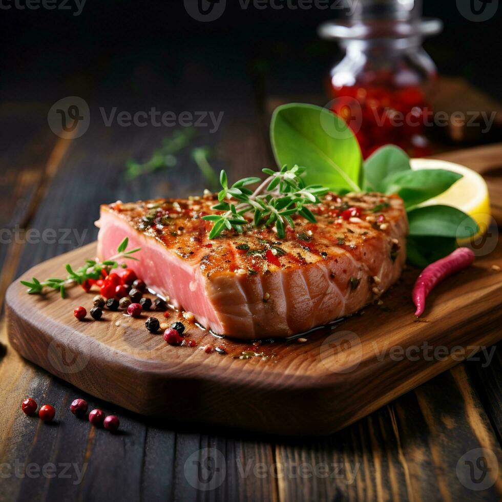 AI generated Cooked tuna fish steak with spices on a wooden board photo