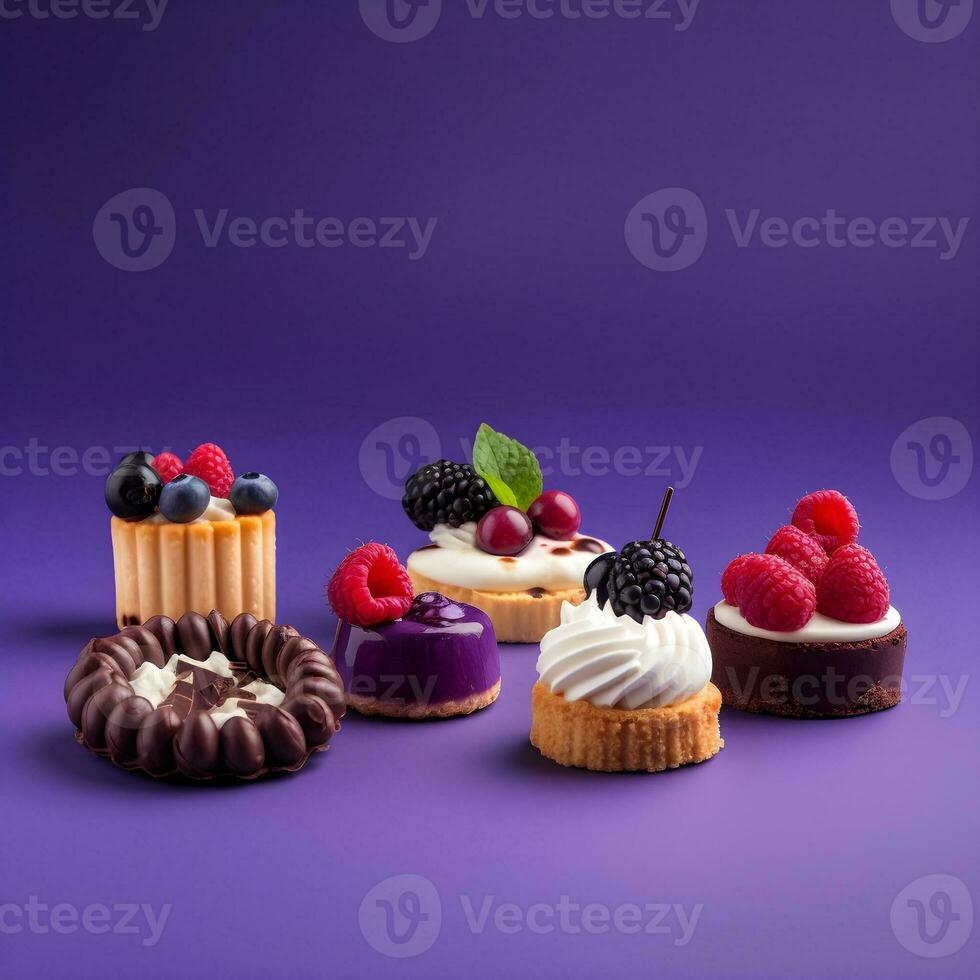 AI generated Assortment of homemade mini cakes on a colored background. photo