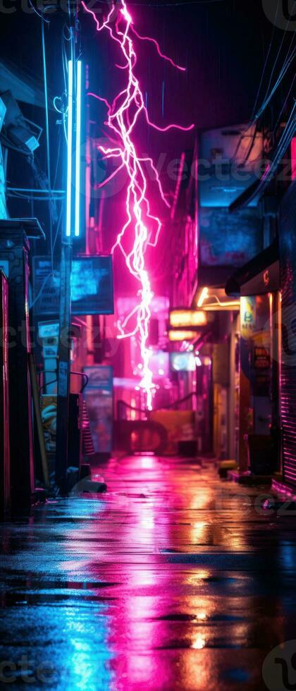 AI generated Nature's dazzling display. This abstract image captures the force of a thunderstorm, with a lightning bolt striking over the city. photo