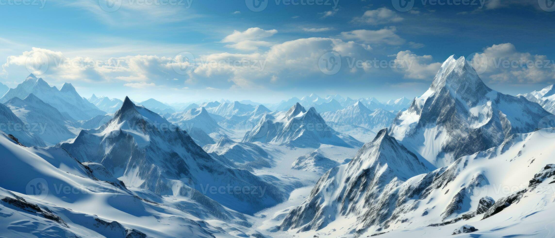 AI generated Breathtaking view of white, snowy mountains under the sun, offering a perfect setting for a winter vacation or ski resort adventure. photo