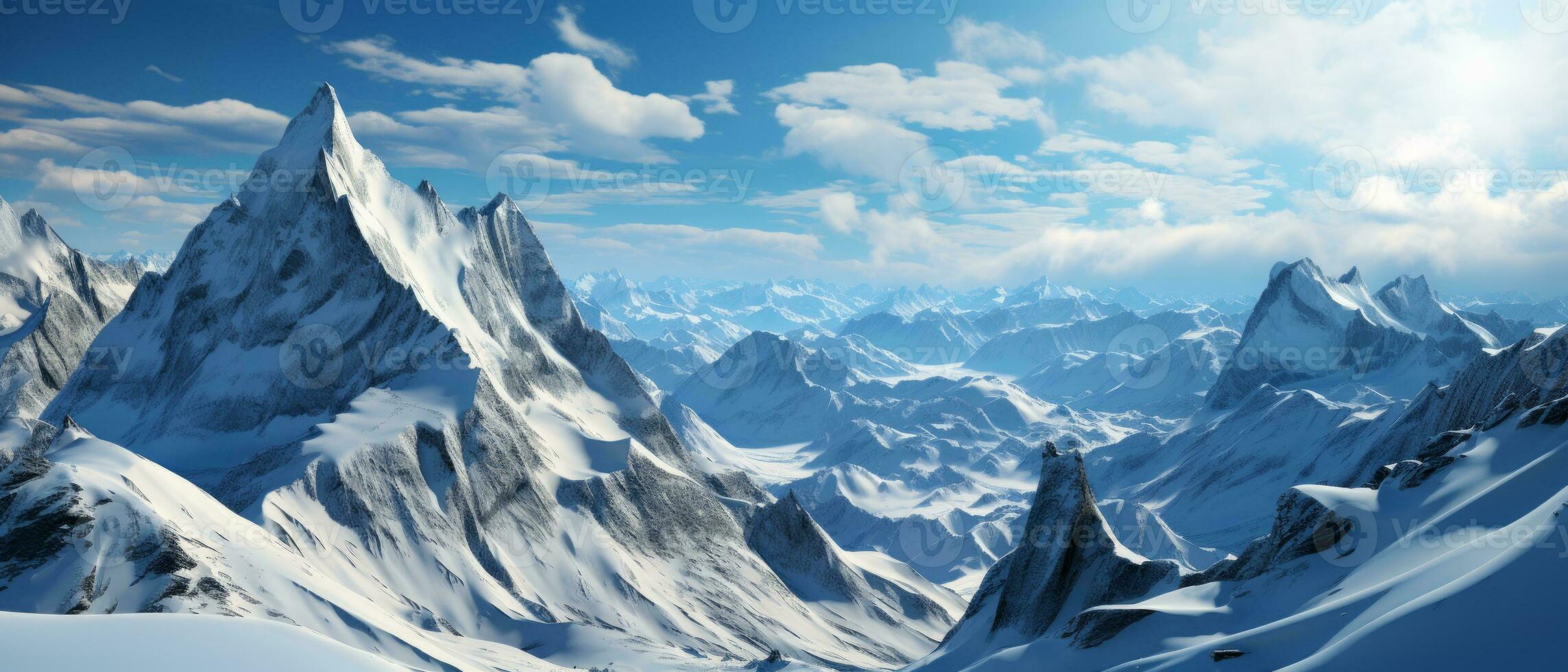 AI generated Breathtaking view of white, snowy mountains under the sun, offering a perfect setting for a winter vacation or ski resort adventure. photo