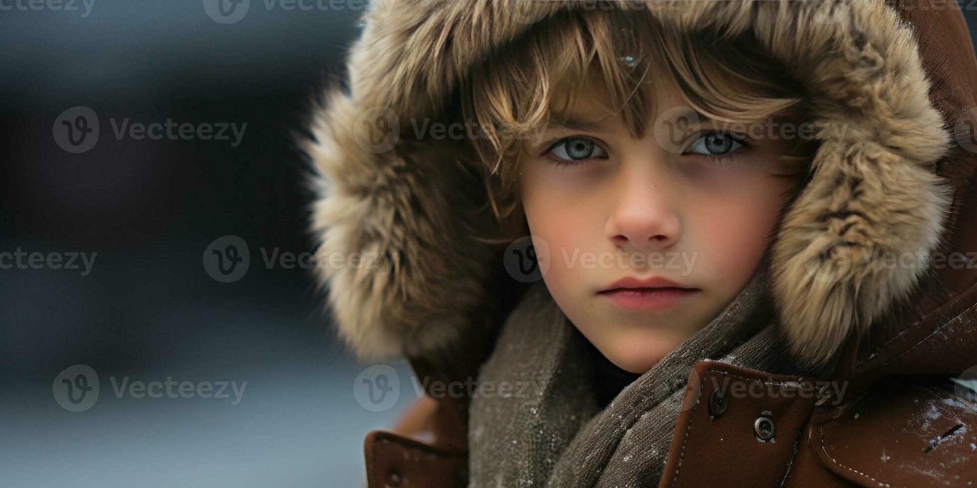 AI generated Warm, inviting image of a boy in a hooded coat. AI generative. photo