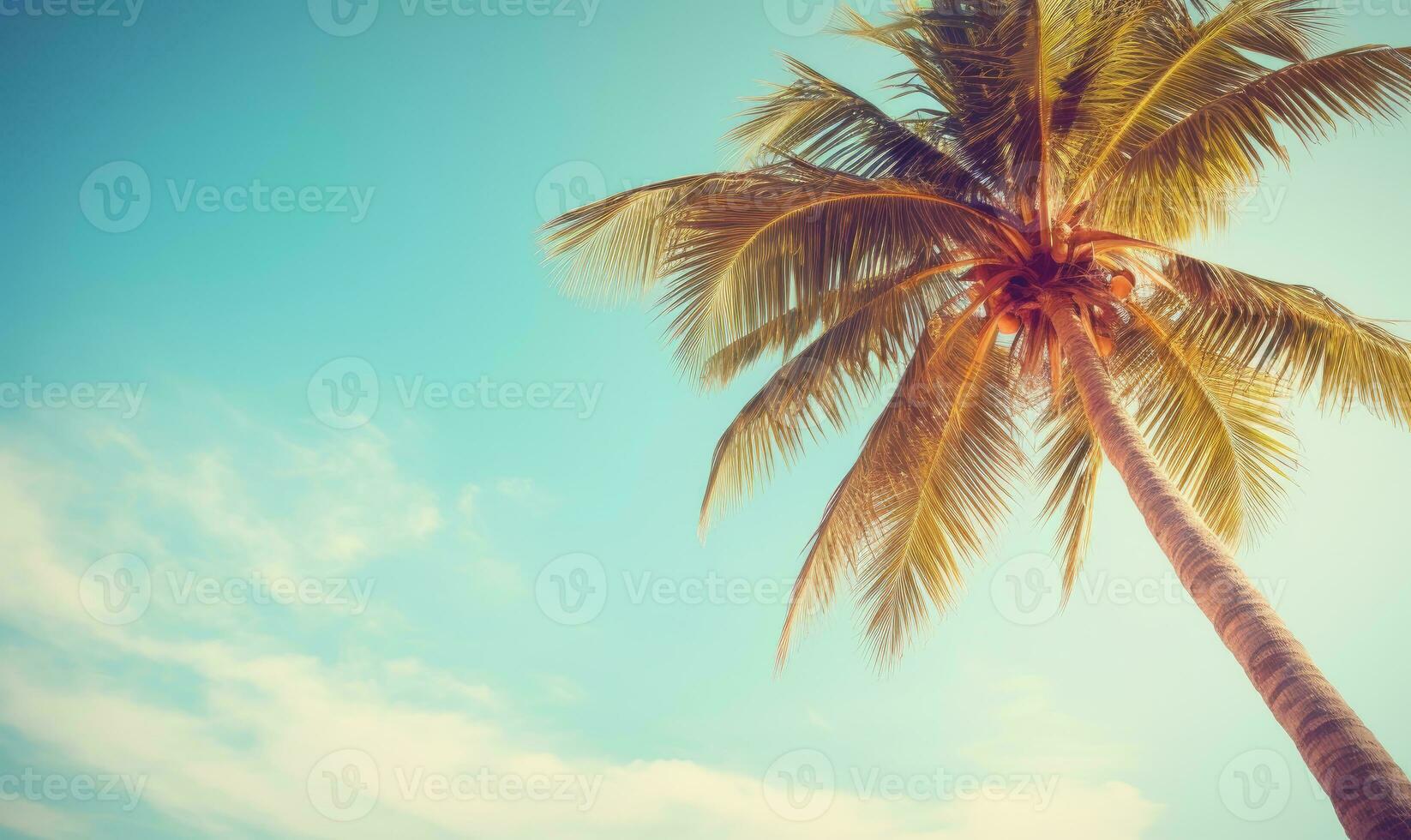 AI generated Tropical landscape featuring a prominent palm tree under a vast blue expanse.  AI generative. photo