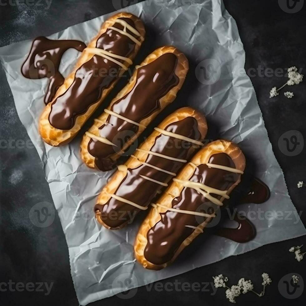 AI generated Cake eclairs in chocolate glaze on concrete backgrounds photo