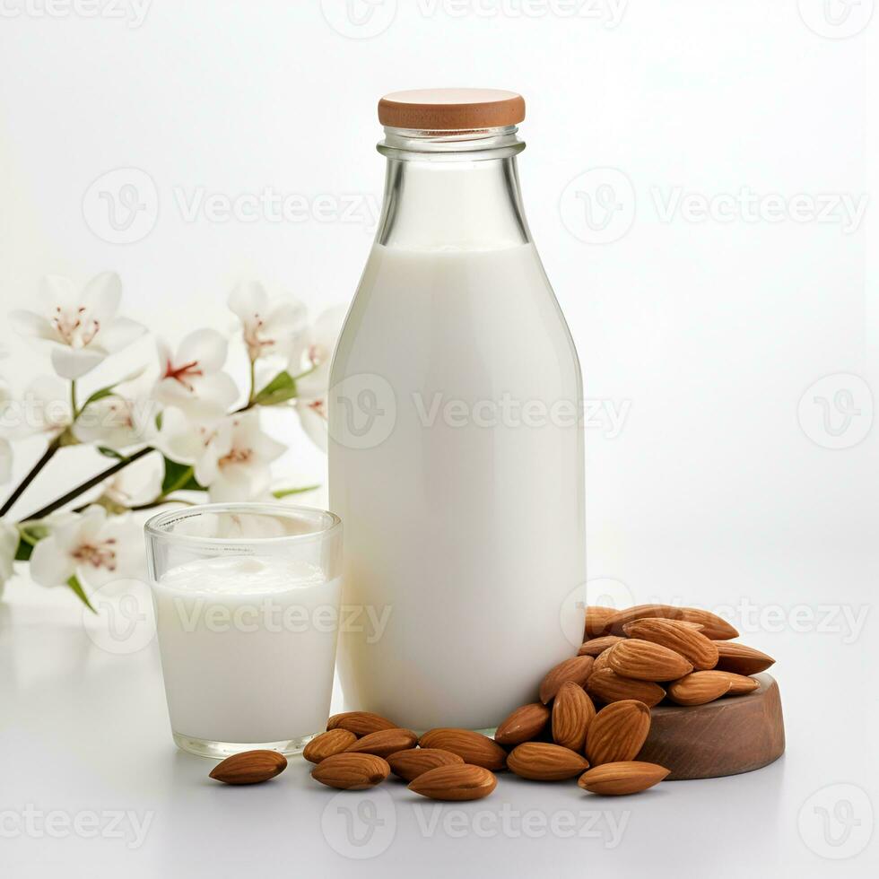 AI generated Almonds milk in bottle with almonds nuts on wooden backgrounds. Generated AI photo