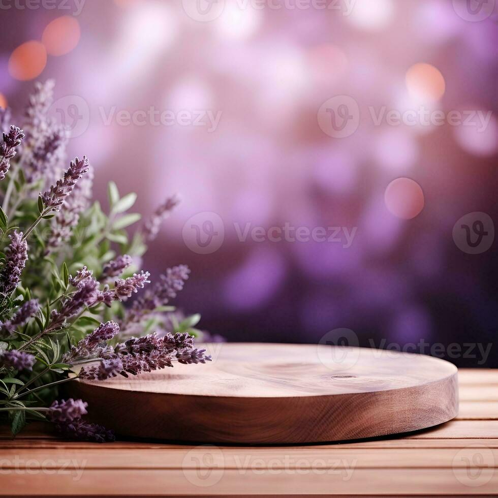 AI generated Lavender backgrounds with empty wooden table. Generated AI photo