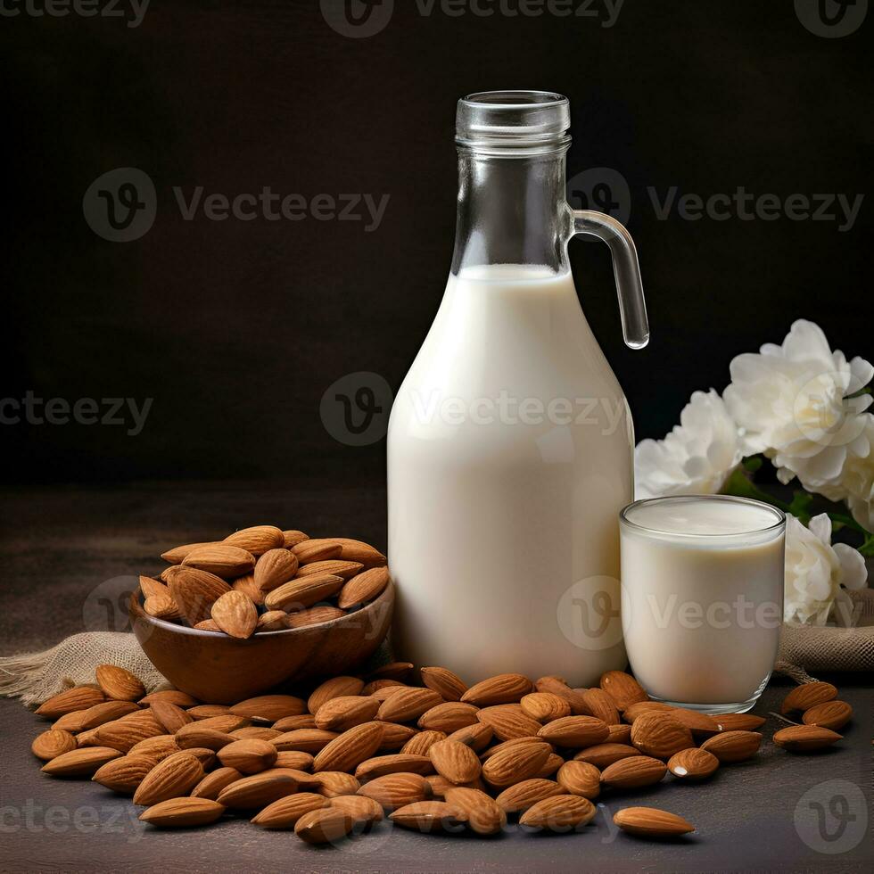 AI generated Almond milk  in bottle with almonds nuts on wooden backgrounds. Vegetable milk.Generated AI photo