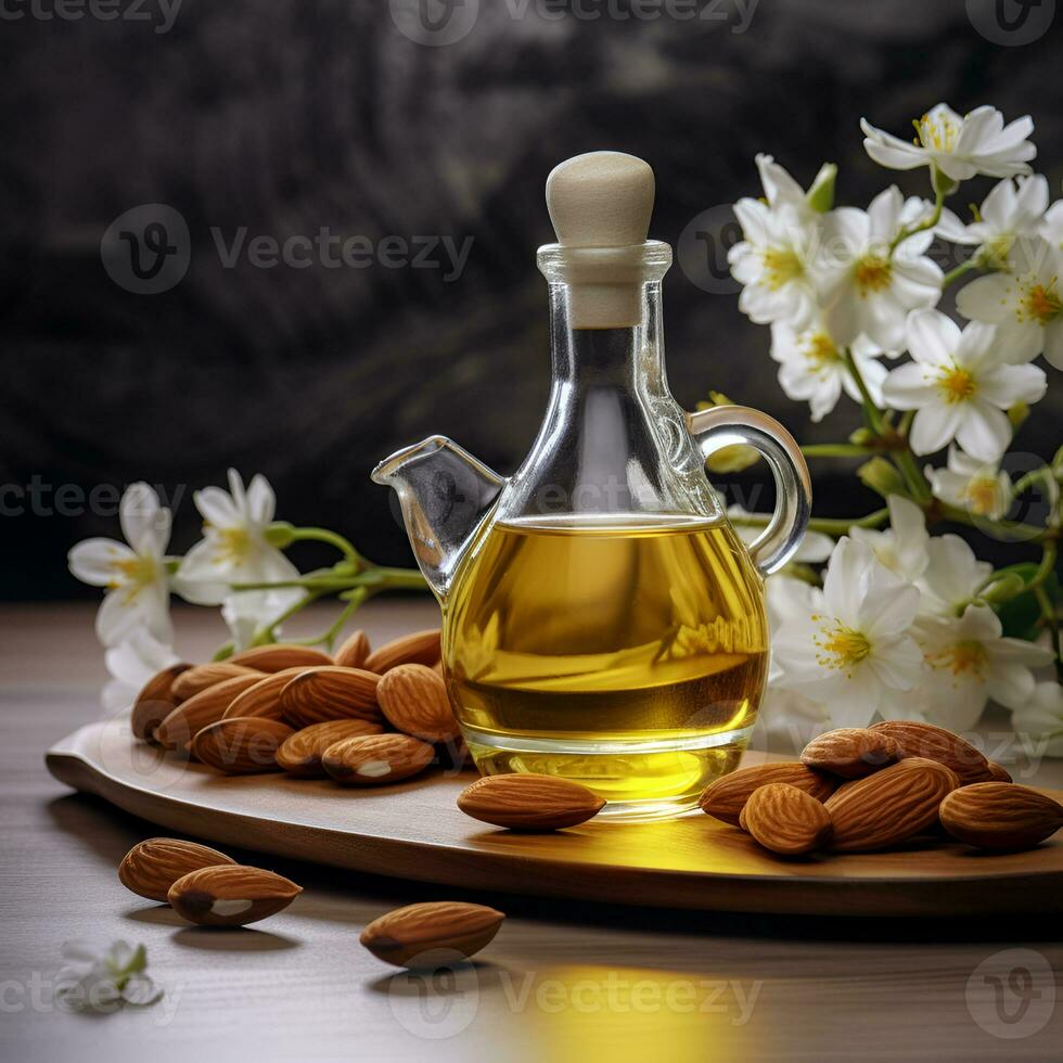 AI generated Almonds oil in bottle on wooden backgrounds.  Ai generative. Illustration. photo