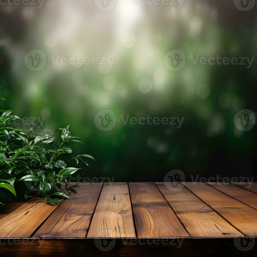 AI generated Green plant backgrounds with empty wooden table for product display photo