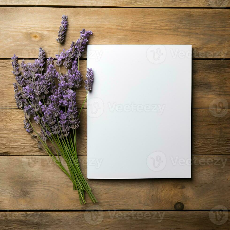 AI generated Mock up.Wooden background and lavender flower photo