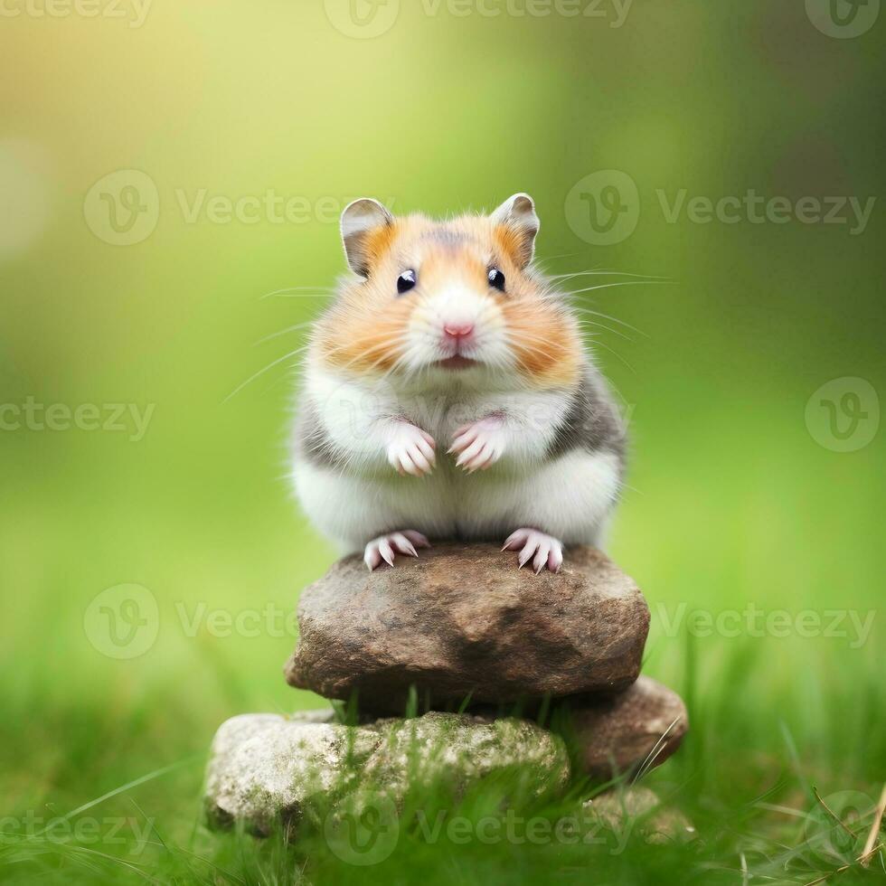 AI generated cute hamster is sitting on a pebble against photo