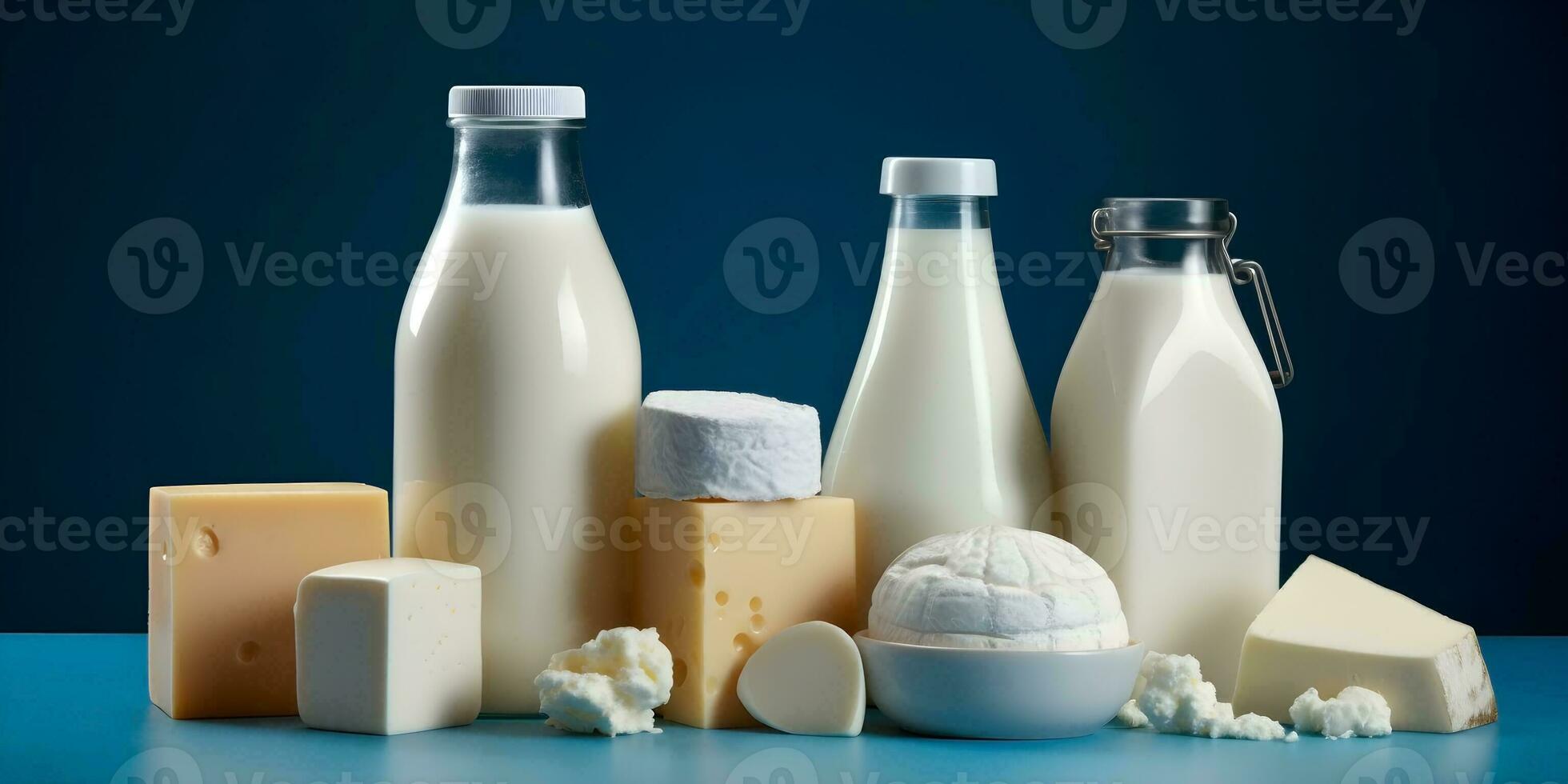 AI generated Homemade dairy product on blue backgrounds. photo