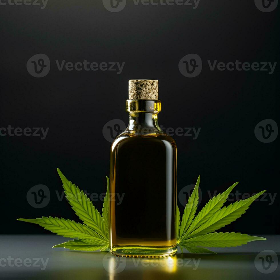 AI generated CBD oil in bottle on black backgrounds. photo