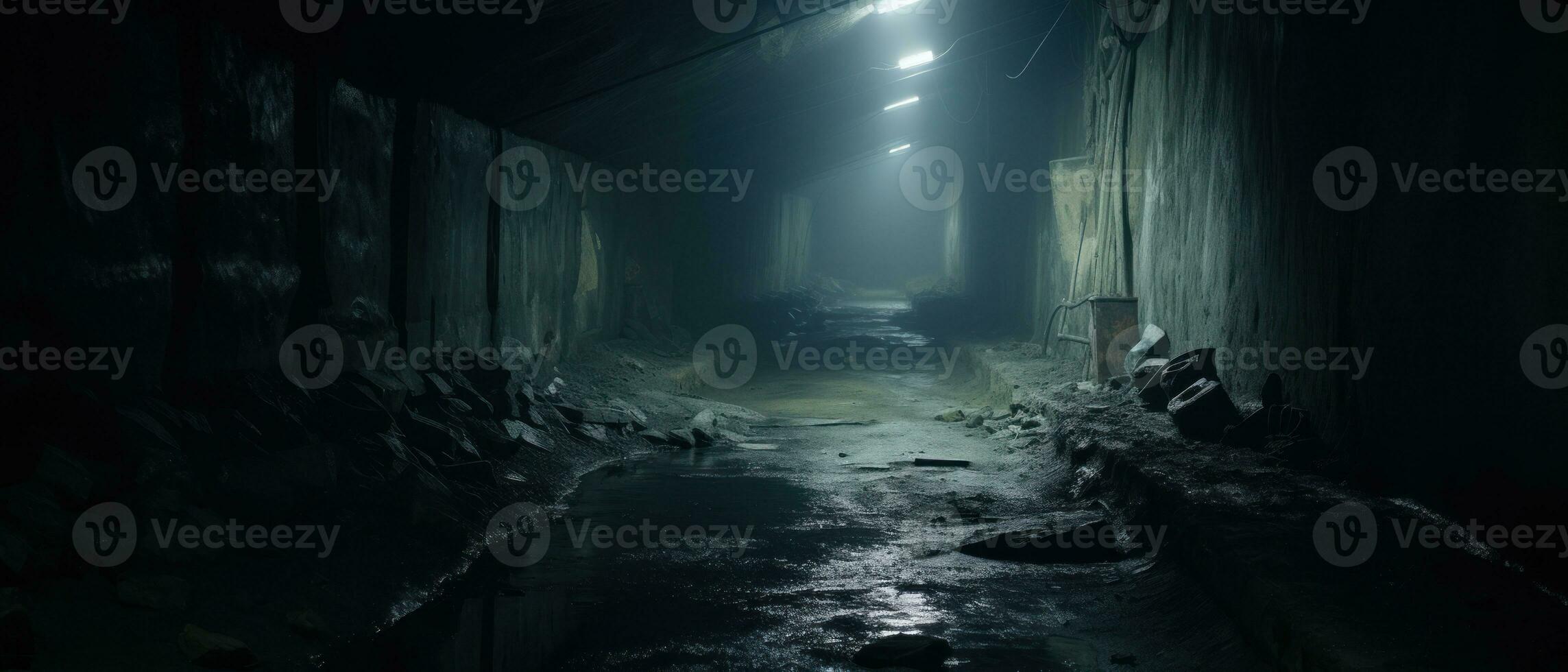 AI generated Eerie underground tunnel with abandoned train track. AI generative. photo