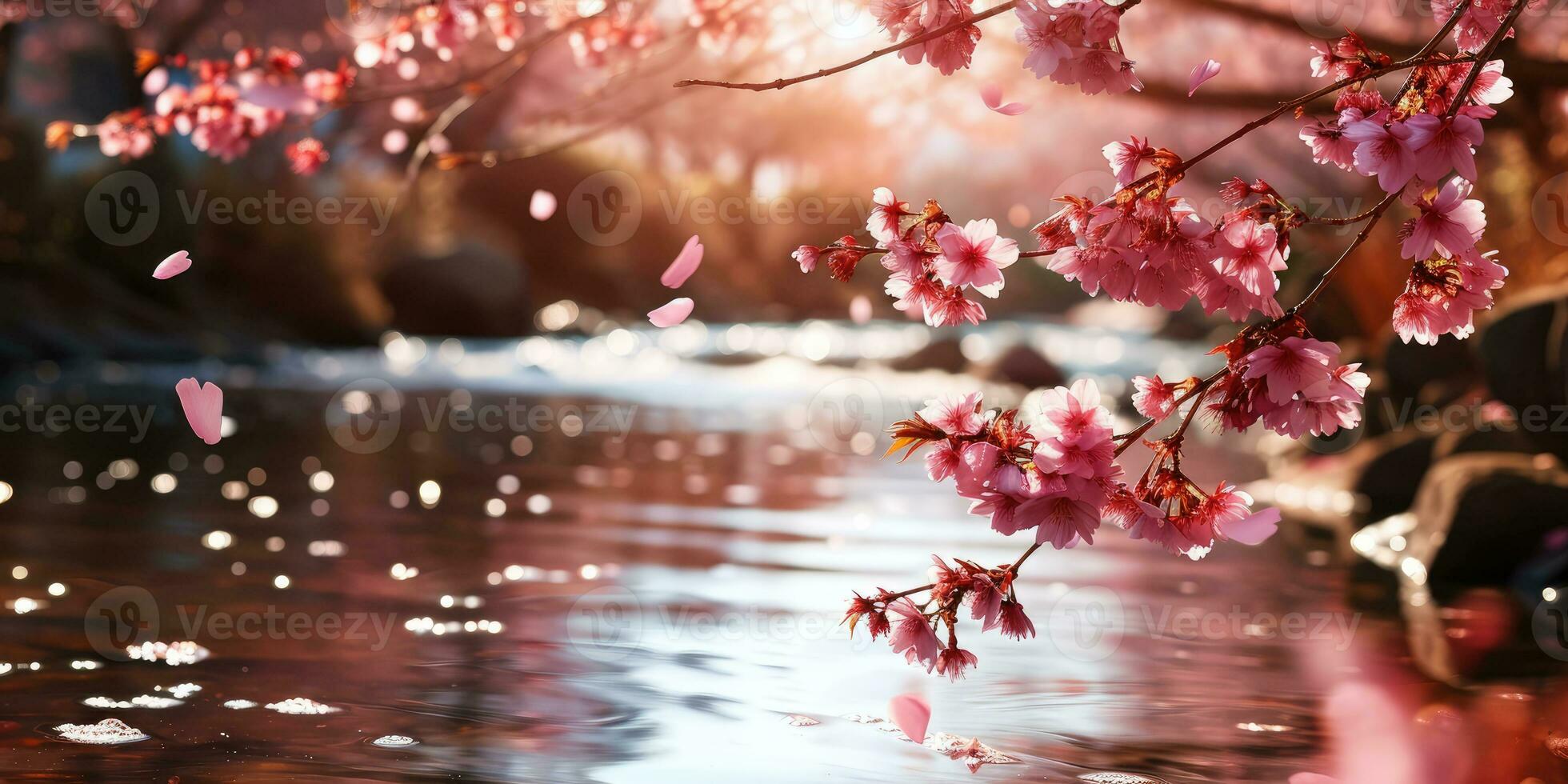 AI Generated Sakura blossoms against the background of the river. Hanami. AI generation. photo
